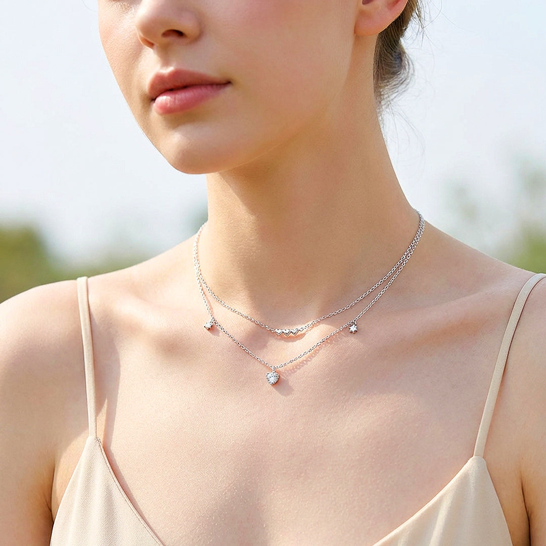 Double Layer Pavé Heart Drop Pendant Necklace | Silver | Luxe4492 - Luxe Necklace | Singapore Jewellery, Wedding Rings & Gifts | Same Day Delivery | Tiara.com.sg