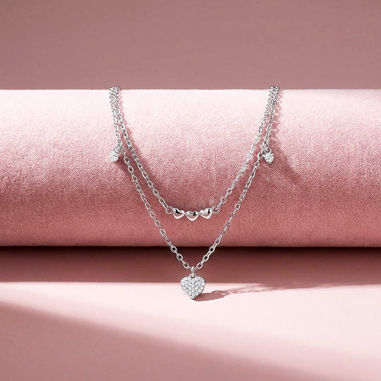 Double Layer Pavé Heart Drop Pendant Necklace | Silver | Luxe4492 - Luxe Necklace | Singapore Jewellery, Wedding Rings &amp; Gifts | Same Day Delivery | Tiara.com.sg