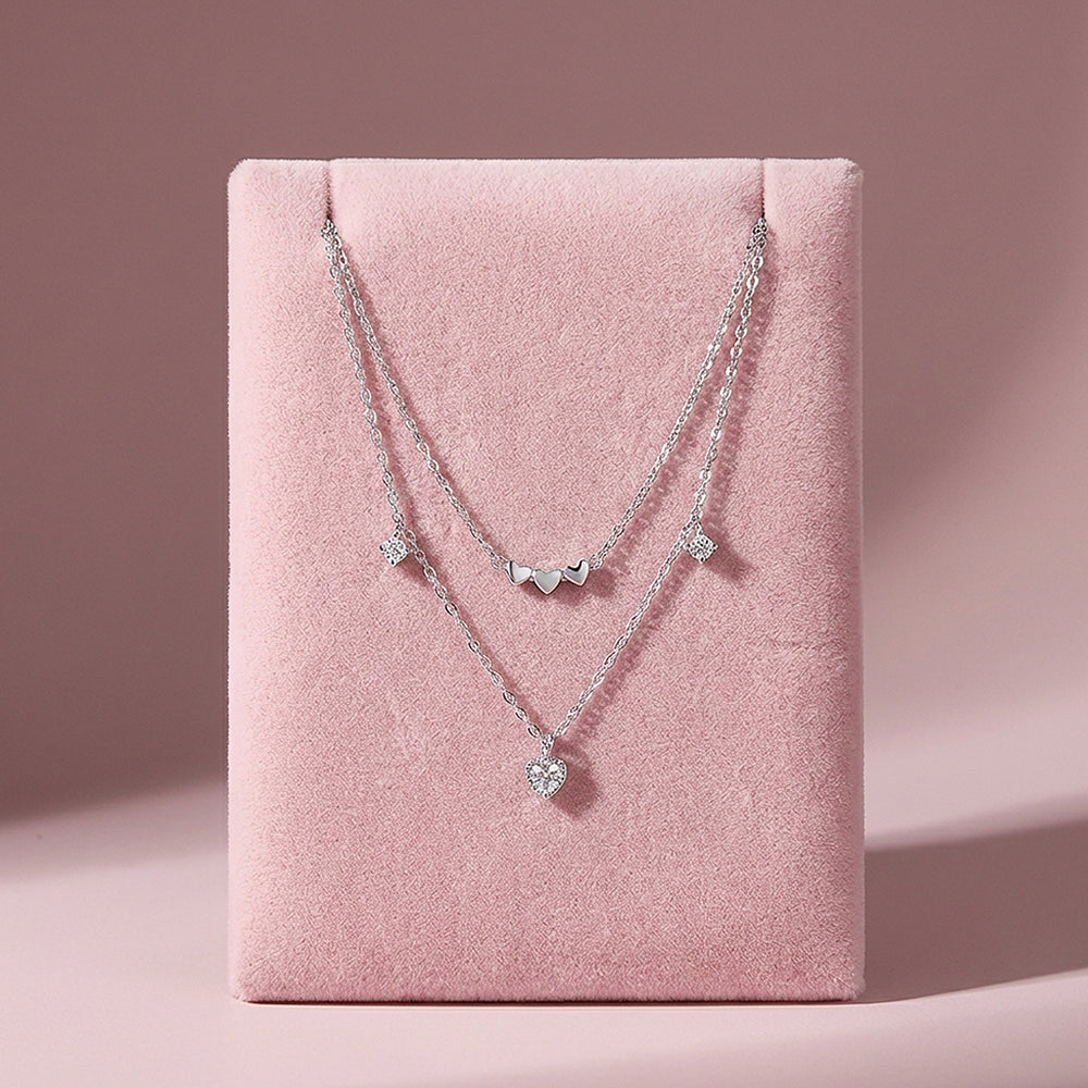 Double Layer Pavé Heart Drop Pendant Necklace | Silver | Luxe4492 - Luxe Necklace | Singapore Jewellery, Wedding Rings & Gifts | Same Day Delivery | Tiara.com.sg