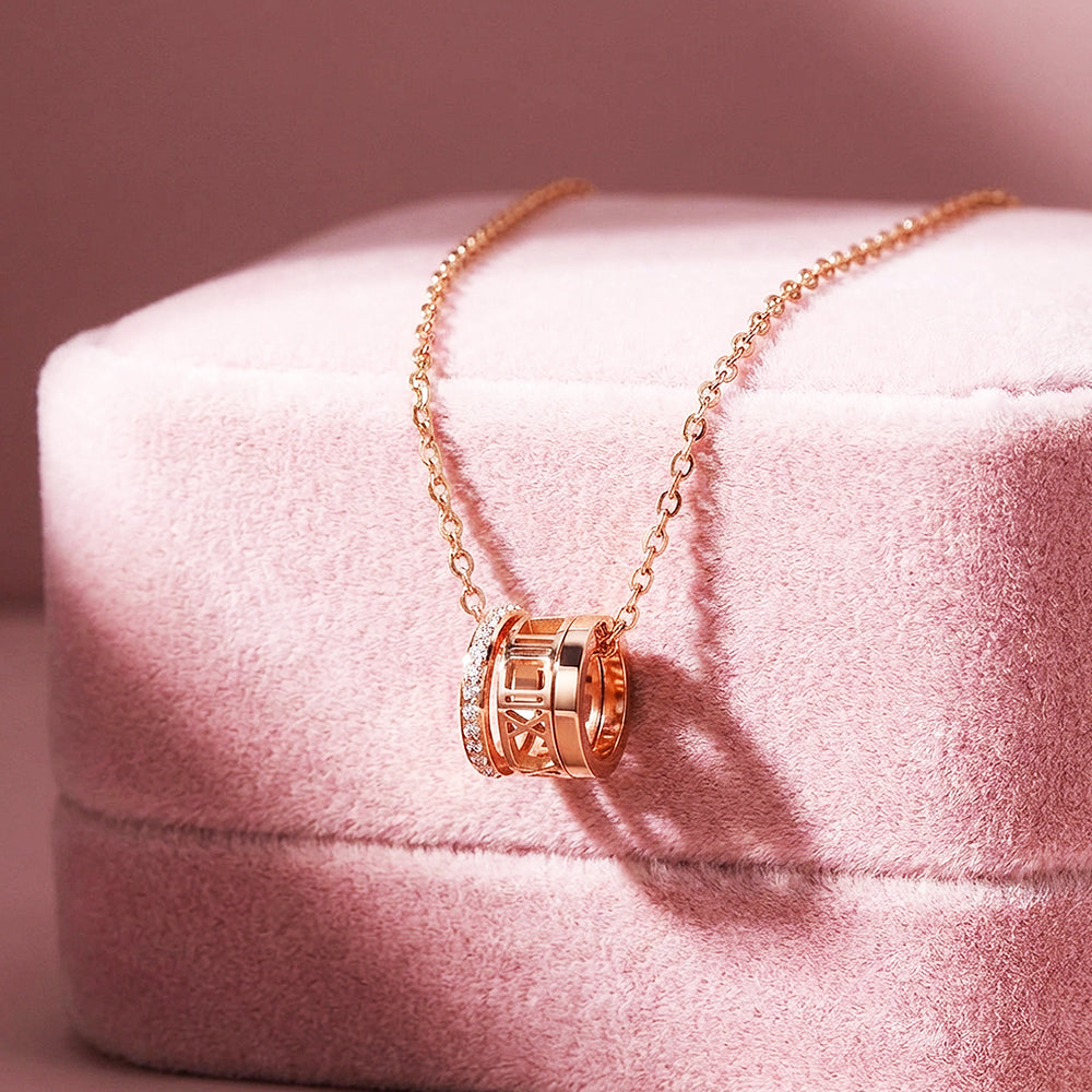 Roman Numeral Cylinder Ring Pendant Necklace | Rose Gold | Luxe4494 - Luxe Necklace | Singapore Jewellery, Wedding Rings & Gifts | Same Day Delivery | Tiara.com.sg