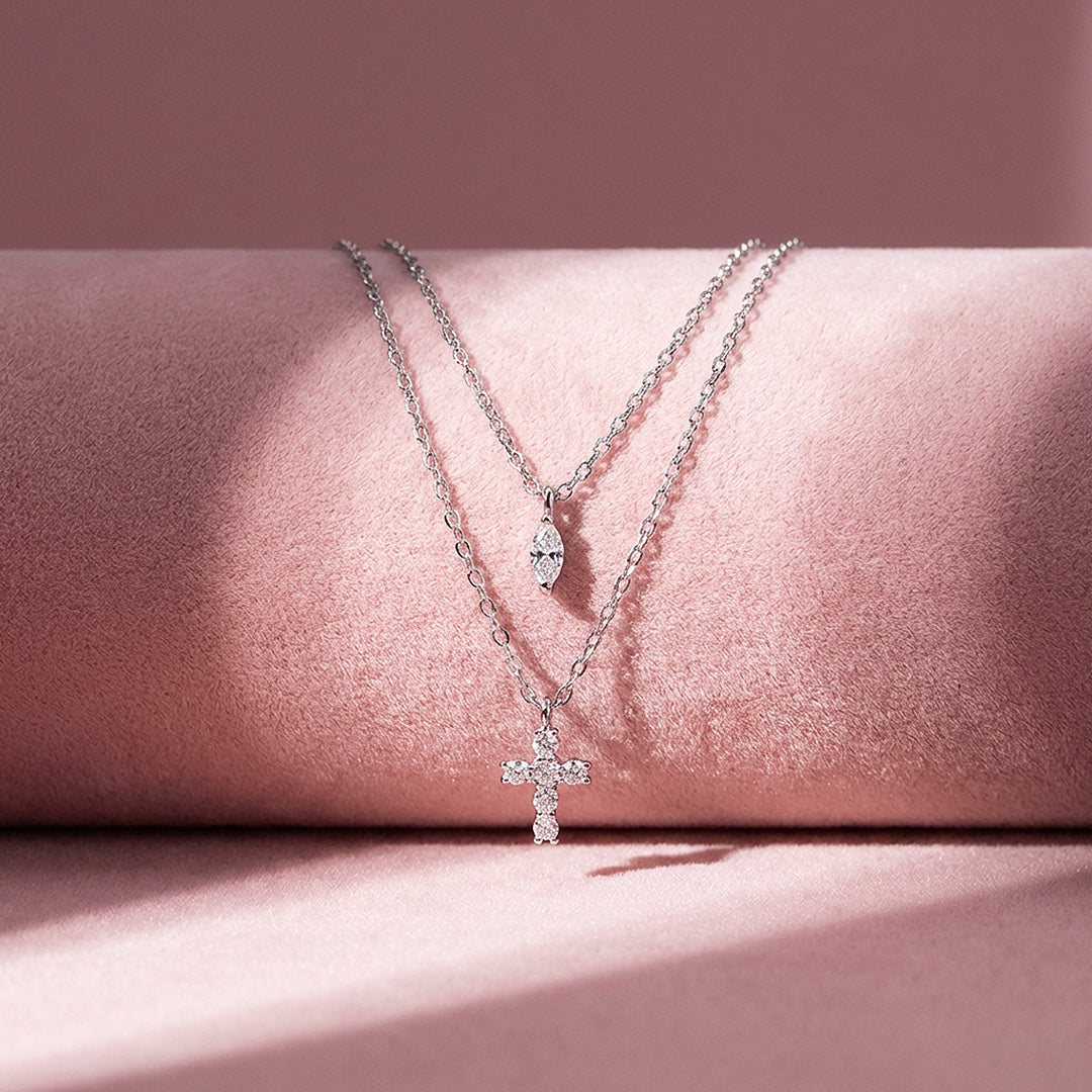 Layered Cross &amp; Marquise Pendant Necklace | Silver | Luxe4504 - Luxe Necklace | Singapore Jewellery, Wedding Rings &amp; Gifts | Same Day Delivery | Tiara.com.sg