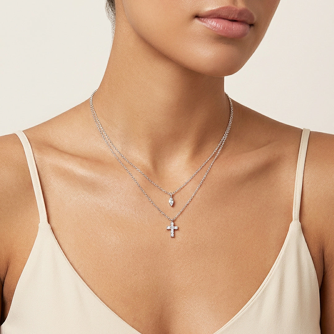 Layered Cross & Marquise Pendant Necklace | Silver | Luxe4504 - Luxe Necklace | Singapore Jewellery, Wedding Rings & Gifts | Same Day Delivery | Tiara.com.sg