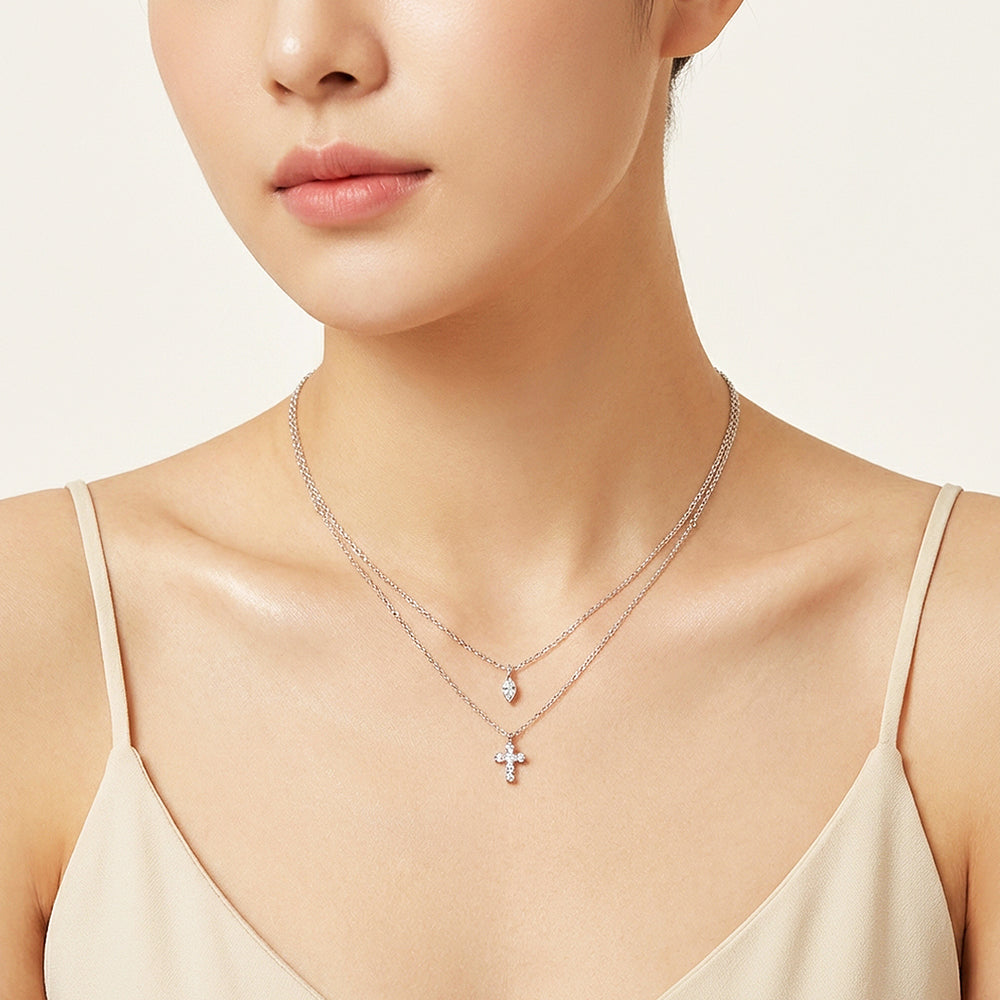 Layered Cross & Marquise Pendant Necklace | Silver | Luxe4504
