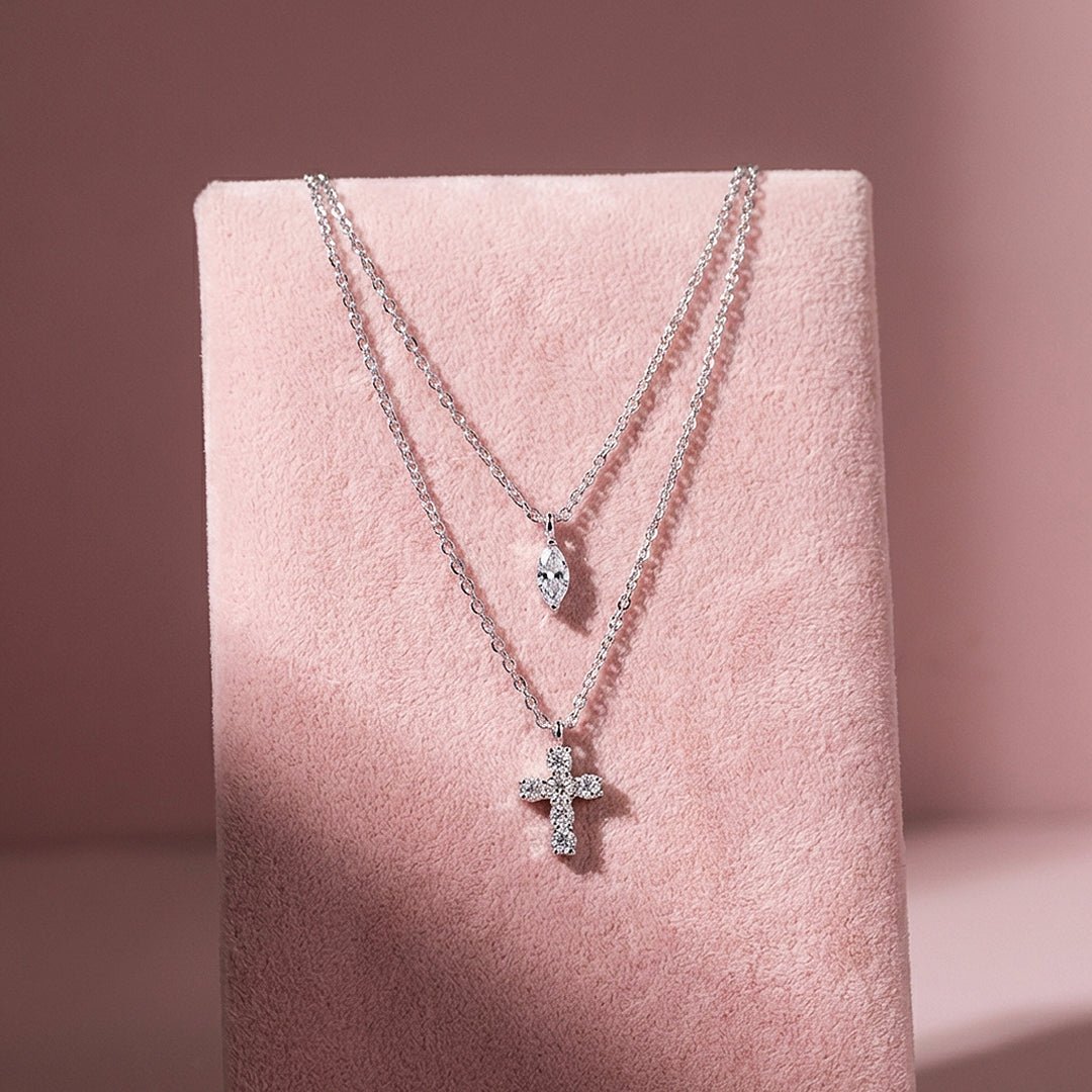 Layered Cross &amp; Marquise Pendant Necklace | Silver | Luxe4504 - Luxe Necklace | Singapore Jewellery, Wedding Rings &amp; Gifts | Same Day Delivery | Tiara.com.sg
