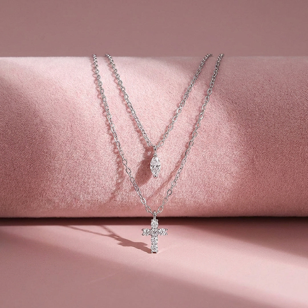 Layered Cross &amp; Marquise Pendant Necklace | Silver | Luxe4504 - Luxe Necklace | Singapore Jewellery, Wedding Rings &amp; Gifts | Same Day Delivery | Tiara.com.sg