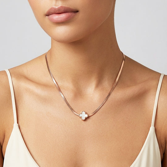 Quatrefoil Herringbone Chain Pendant Necklace | Rose Gold &amp; Gold | Luxe4505 - Luxe Necklace | Singapore Jewellery, Wedding Rings &amp; Gifts | Same Day Delivery | Tiara.com.sg