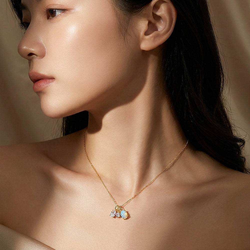 Opal & Diamond Simulant Trio Charm Necklace | Luxe4508