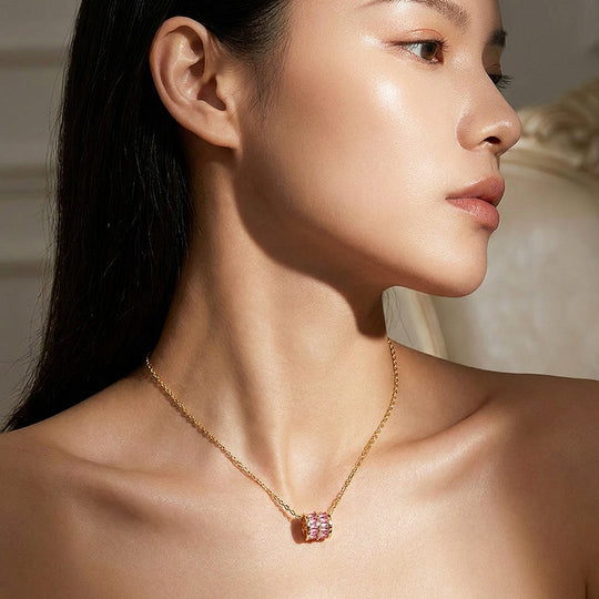 Pink Baguette Barrel Pendant Necklace | Luxe4511