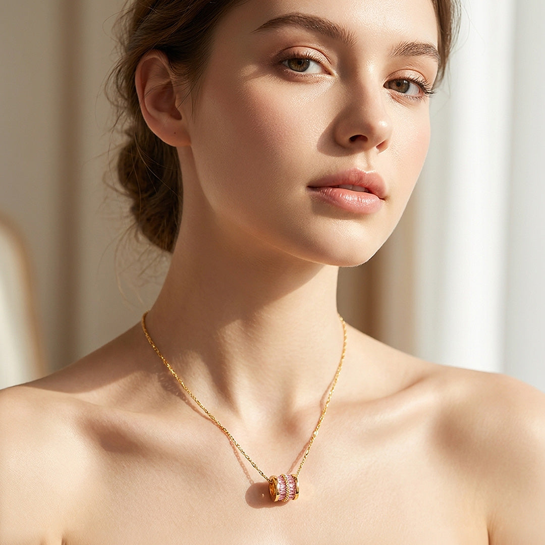 Pink Baguette Barrel Pendant Necklace | Luxe4511