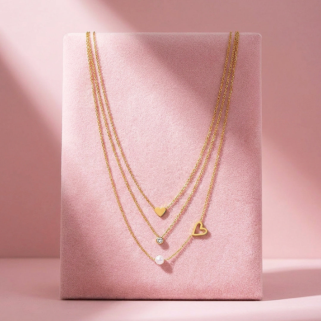 Triple Layered Heart &amp; Pearl Necklace | Luxe4533