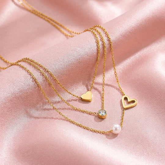 Triple Layered Heart &amp; Pearl Necklace | Luxe4533