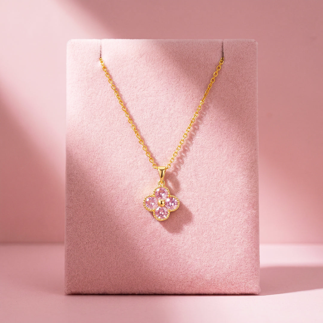 Pink Clover Floral Crystal Pendant Necklace | Gold | Luxe4538