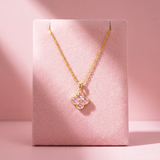 Pink Clover Floral Crystal Pendant Necklace | Gold | Luxe4538