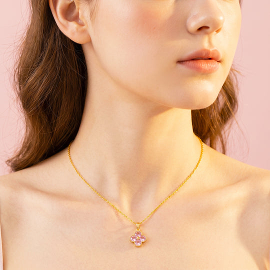 Pink Clover Floral Crystal Pendant Necklace | Gold | Luxe4538