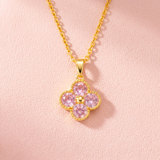 Pink Clover Floral Crystal Pendant Necklace | Gold | Luxe4538