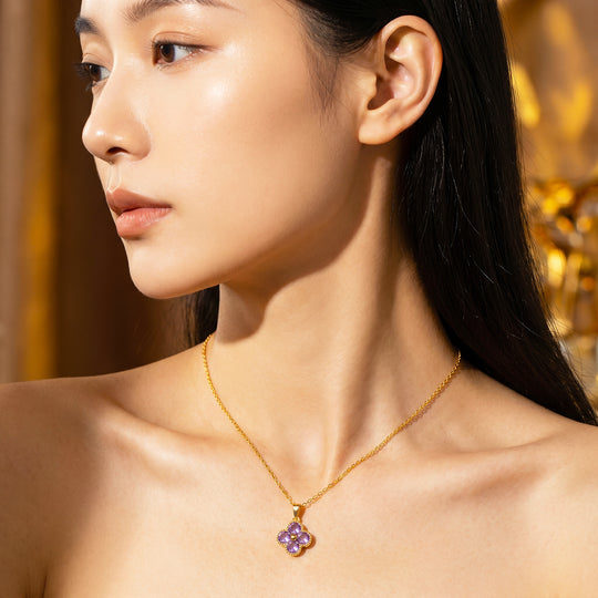 Purple Clover Floral Crystal Pendant Necklace | Gold | Luxe4539