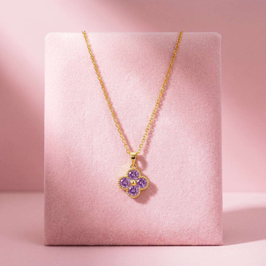 Purple Clover Floral Crystal Pendant Necklace | Gold | Luxe4539