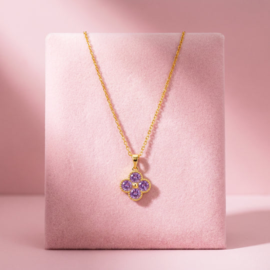 Purple Clover Floral Crystal Pendant Necklace | Gold | Luxe4539