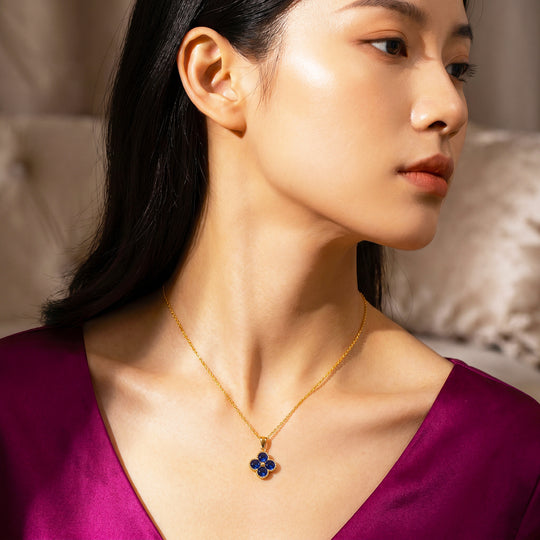 Blue Clover Floral Crystal Pendant Necklace | Gold | Luxe4540