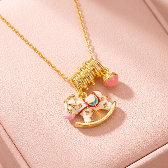 Enamel Rocking Horse Pink Charm Bell Pendant Necklace | Gold | Luxe4542