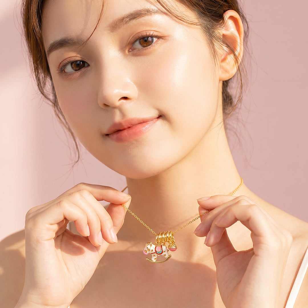 Enamel Rocking Horse Pink Charm Bell Pendant Necklace | Gold | Luxe4542