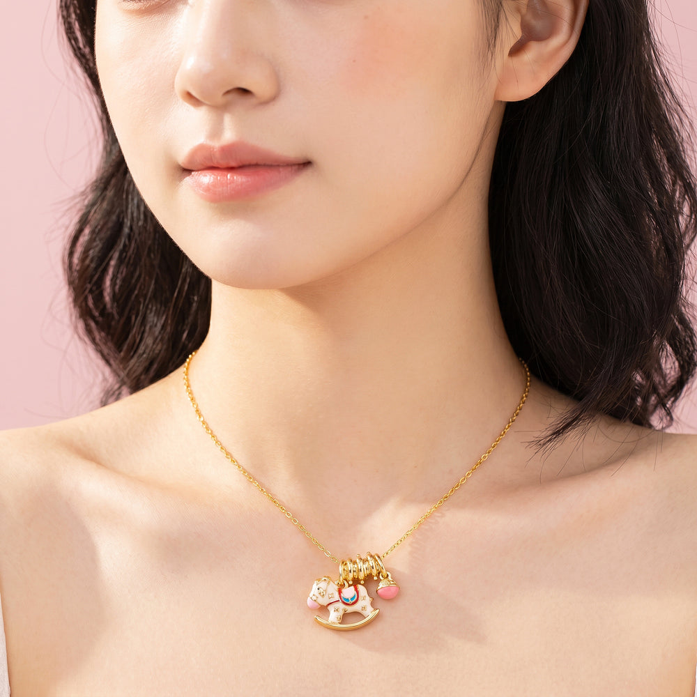 Enamel Rocking Horse Pink Charm Bell Pendant Necklace | Gold | Luxe4542