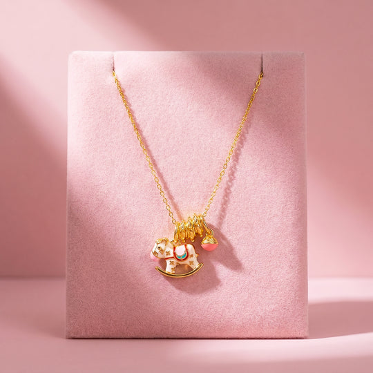 Enamel Rocking Horse Pink Charm Bell Pendant Necklace | Gold | Luxe4542