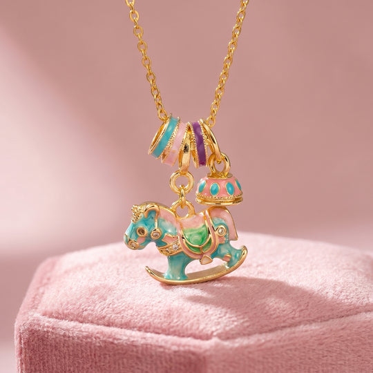 Enamel Carousel Rocking Horse Blue Pink Charm Bell Pendant Necklace | Gold | Luxe4543