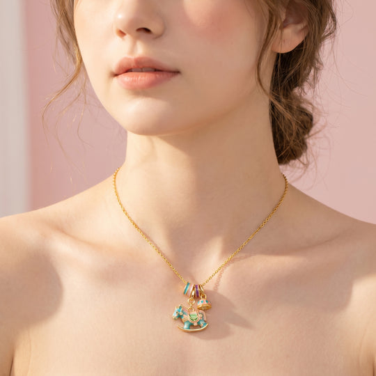 Enamel Carousel Rocking Horse Blue Pink Charm Bell Pendant Necklace | Gold | Luxe4543