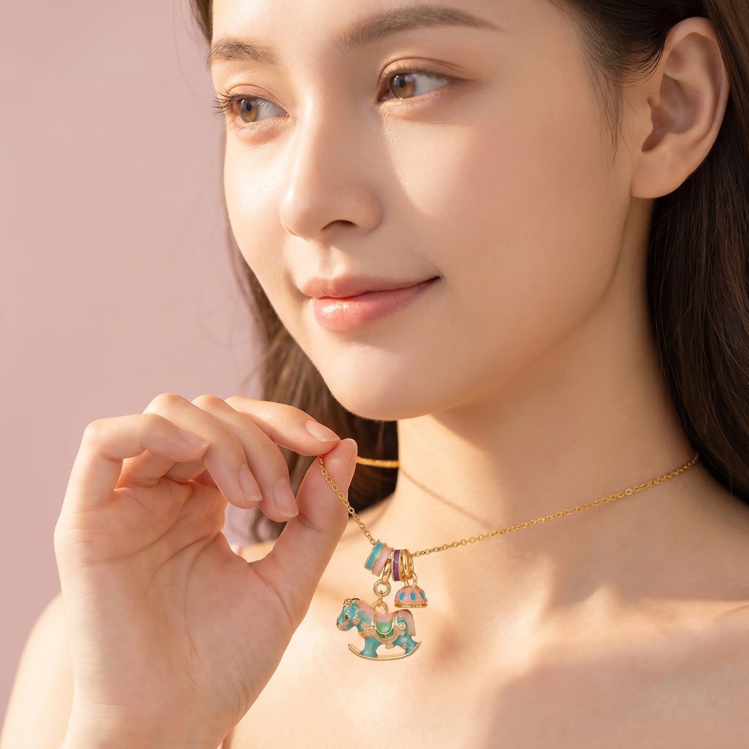 Enamel Carousel Rocking Horse Blue Pink Charm Bell Pendant Necklace | Gold | Luxe4543