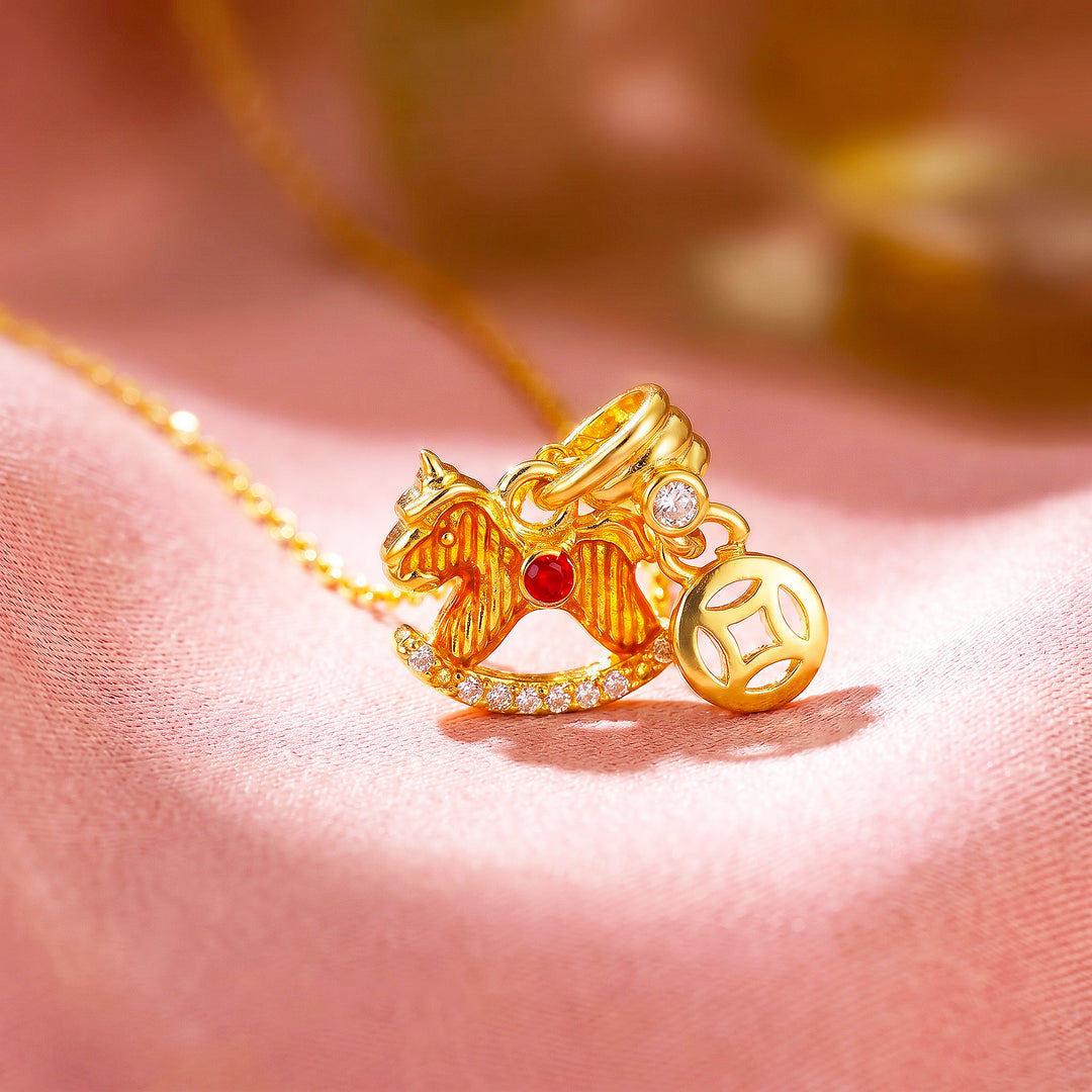 Gold Rocking Horse Lucky Coin Charm Pendant Necklace | Gold | Luxe4545