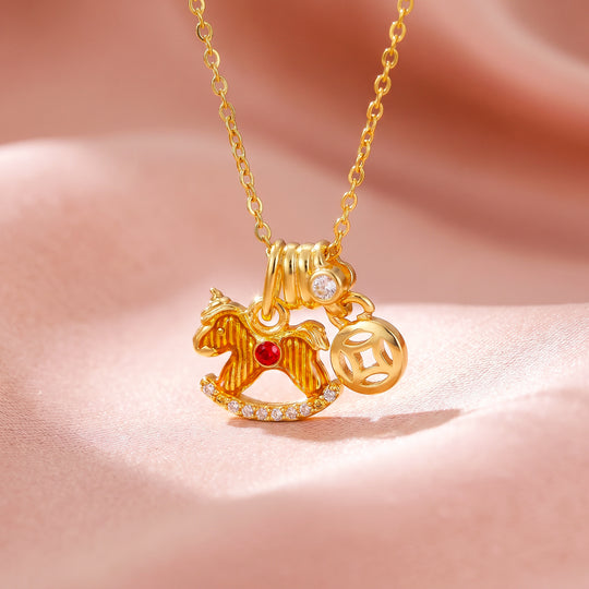 Gold Rocking Horse Lucky Coin Charm Pendant Necklace | Gold | Luxe4545