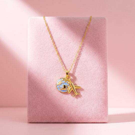 Globe Airplane Travel Charm Pendant Necklace | Gold | Luxe4547
