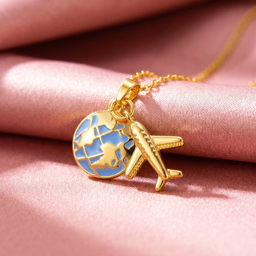 Globe Airplane Travel Charm Pendant Necklace | Gold | Luxe4547