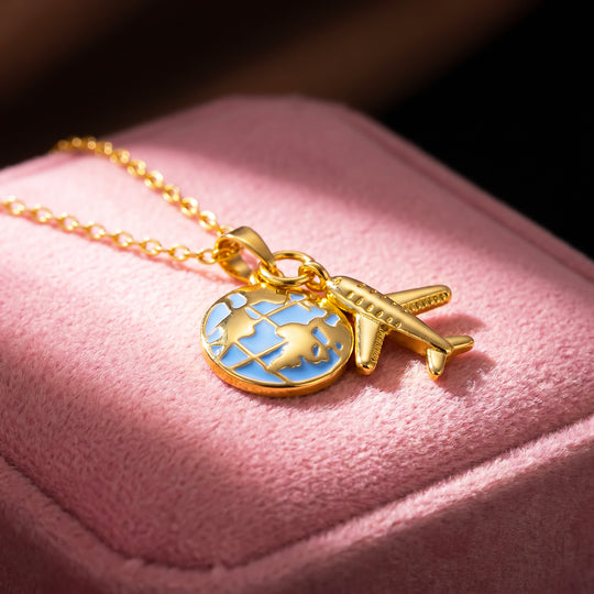 Globe Airplane Travel Charm Pendant Necklace | Gold | Luxe4547