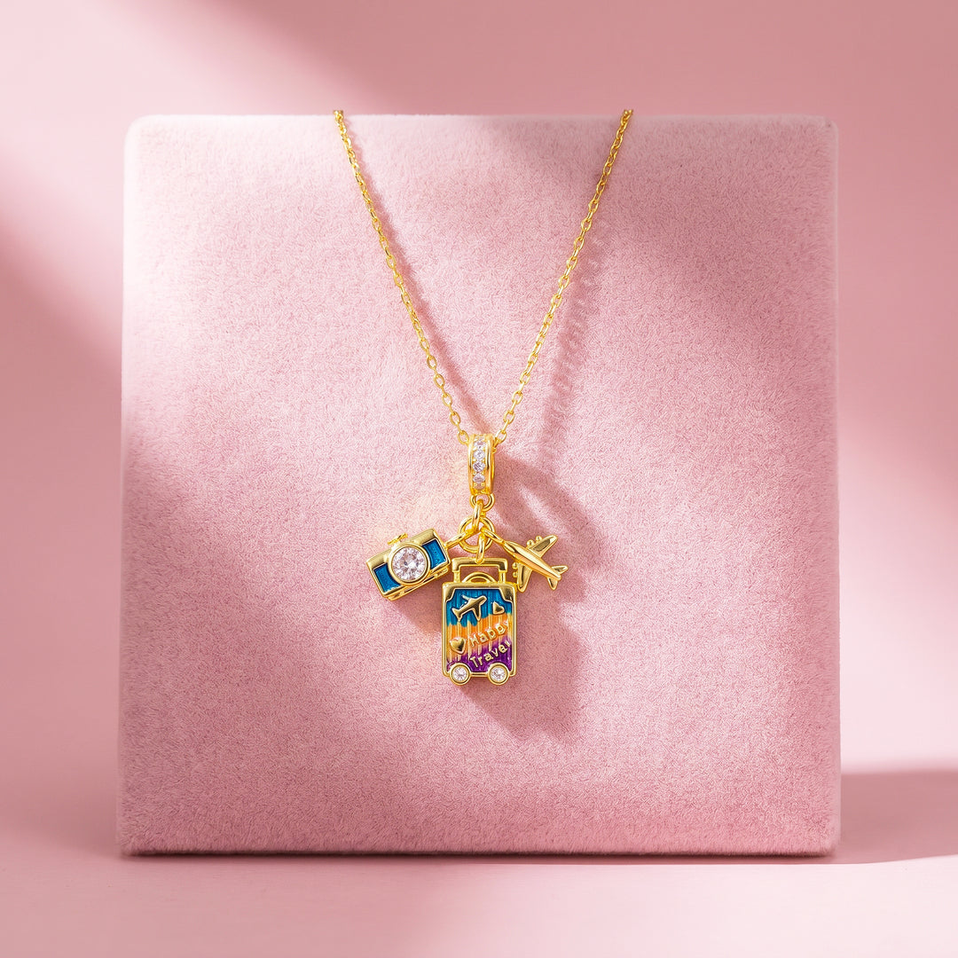 Enamel Suitcase Camera Airplane Travel Charm Pendant Necklace | Gold | Luxe4548