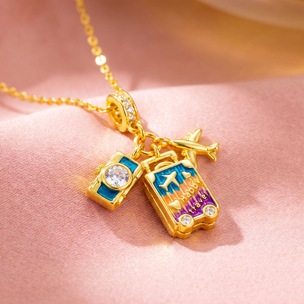 Enamel Suitcase Camera Airplane Travel Charm Pendant Necklace | Gold | Luxe4548