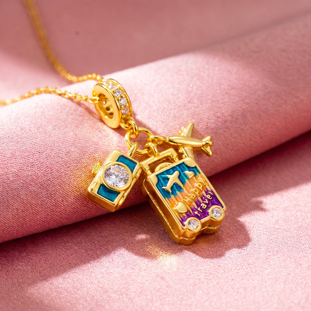 Enamel Suitcase Camera Airplane Travel Charm Pendant Necklace | Gold | Luxe4548