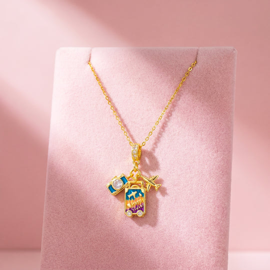 Enamel Suitcase Camera Airplane Travel Charm Pendant Necklace | Gold | Luxe4548