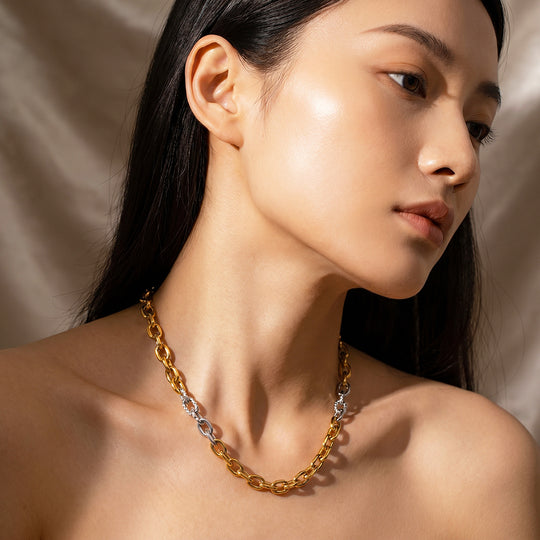 Two-Tone Textured Link Chain Necklace | Gold &amp; Silver | Luxe4573