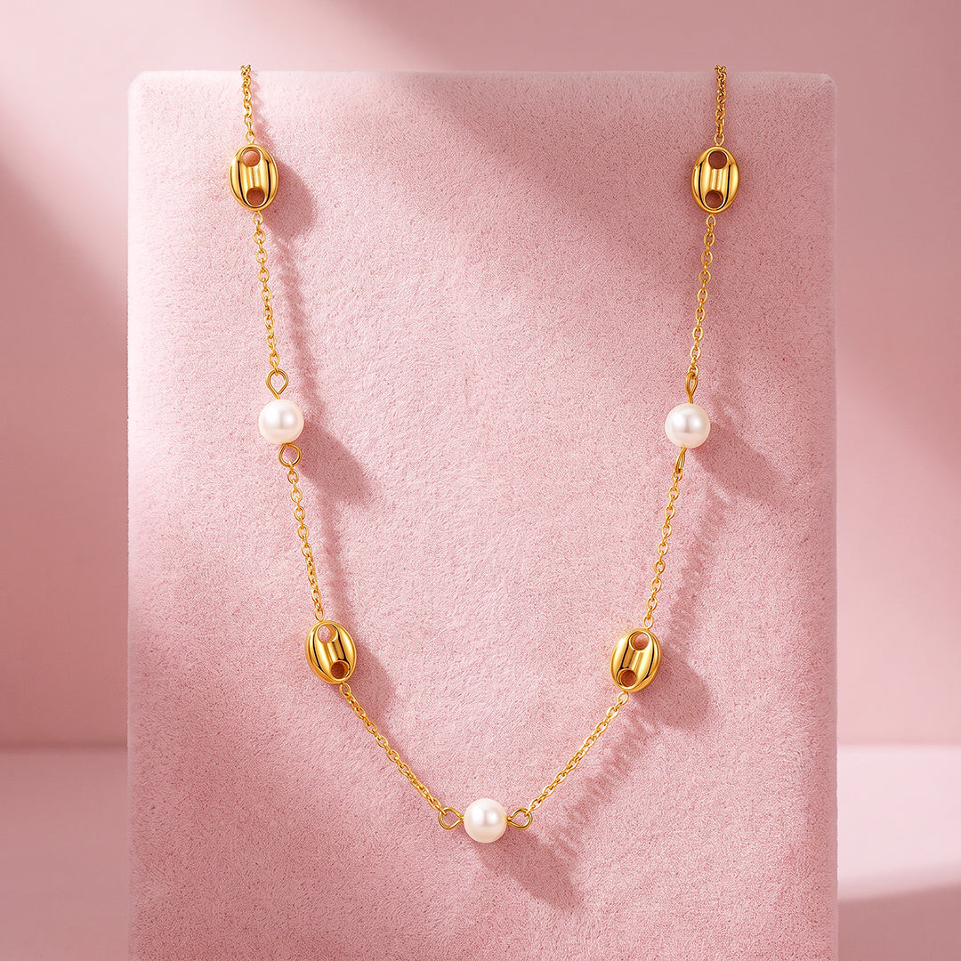 Pearl &amp; Gold Barrel Station Necklace | Luxe4577