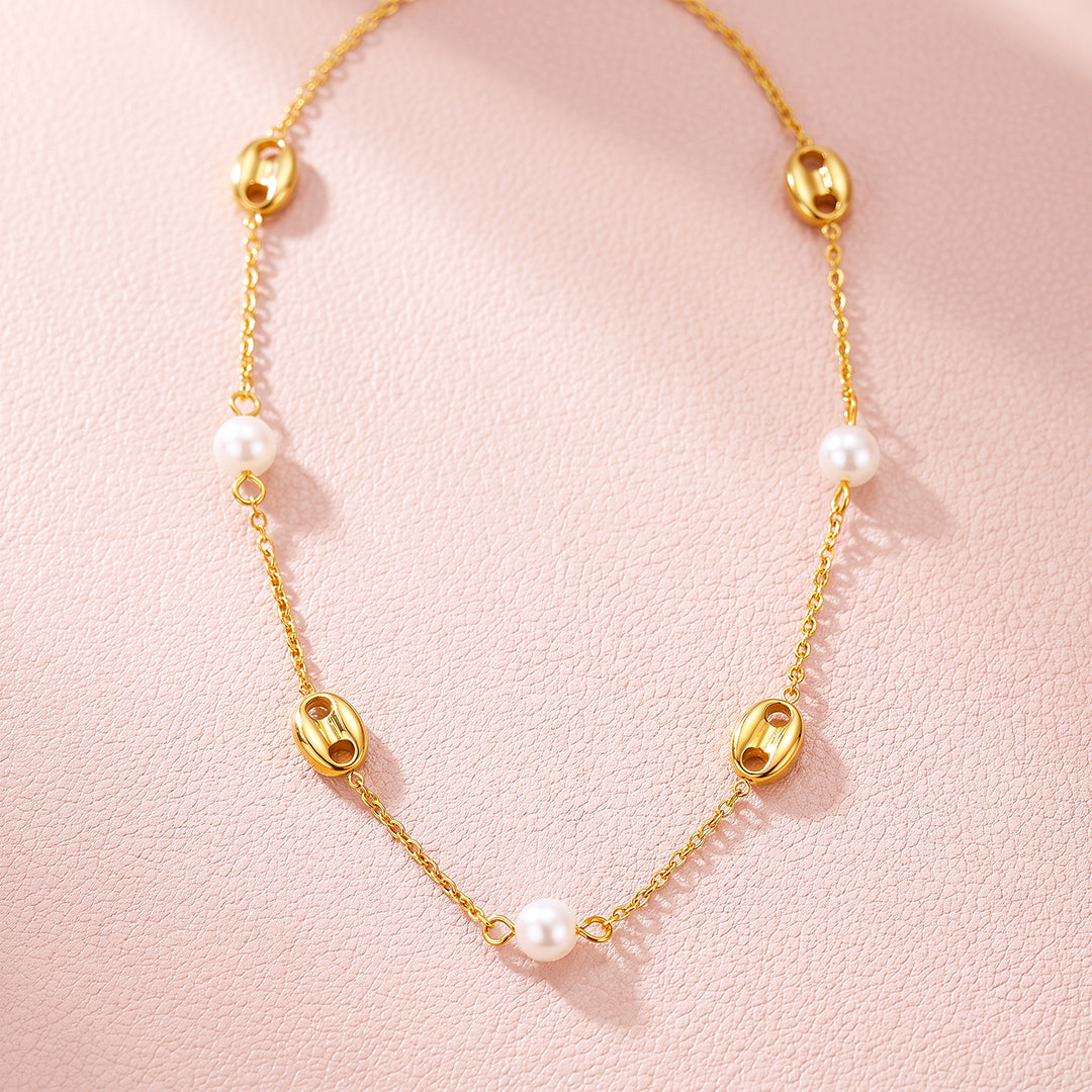 Pearl &amp; Gold Barrel Station Necklace | Luxe4577