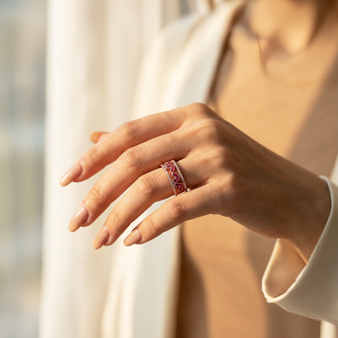 Double Band Statement Ring | Ruby Red Accents | Diamond Simulant | Rose Gold & White Gold Plated | Luxe5165