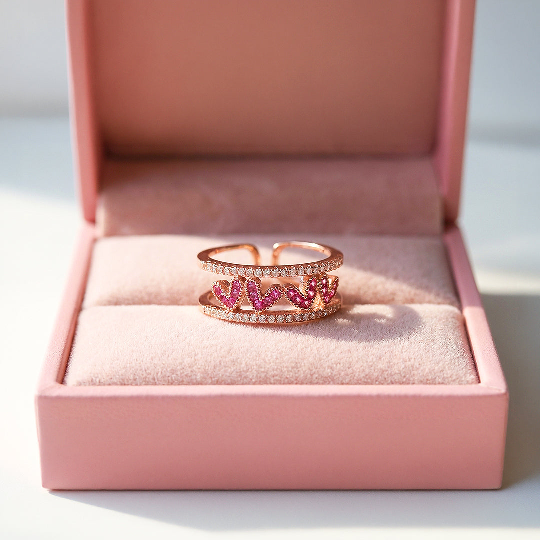 Double Band Statement Ring | Ruby Red Accents | Diamond Simulant | Rose Gold & White Gold Plated | Luxe5165