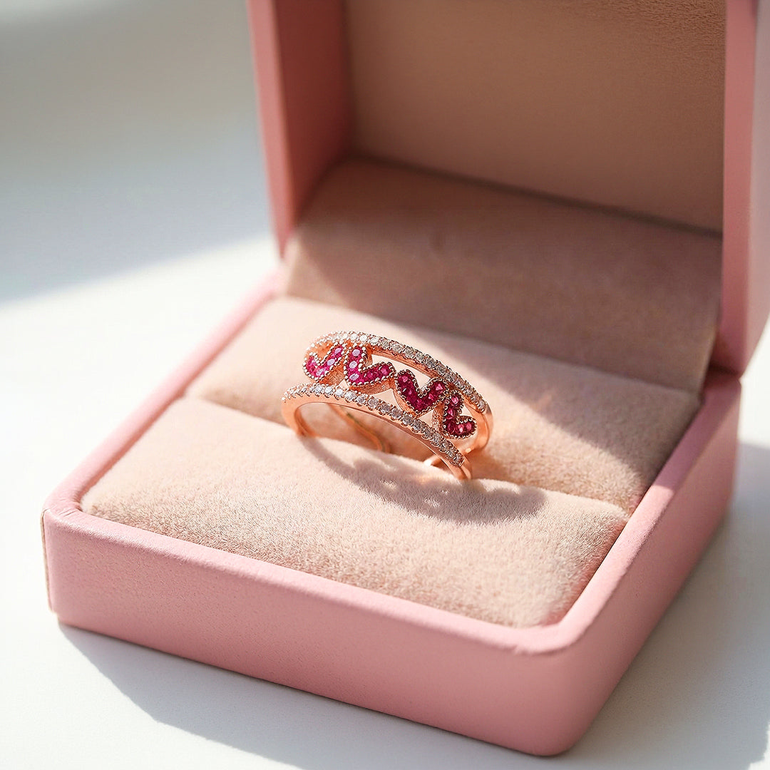 Double Band Statement Ring | Ruby Red Accents | Diamond Simulant | Rose Gold & White Gold Plated | Luxe5165