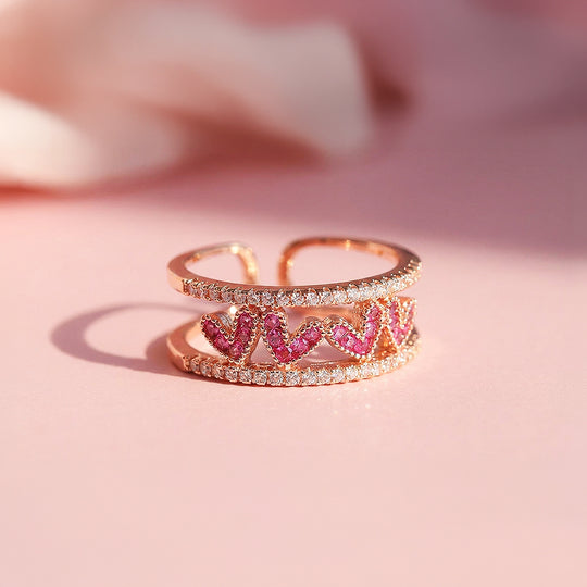 Double Band Statement Ring | Ruby Red Accents | Diamond Simulant | Rose Gold & White Gold Plated | Luxe5165