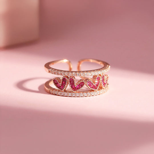 Double Band Statement Ring | Ruby Red Accents | Diamond Simulant | Rose Gold & White Gold Plated | Luxe5165
