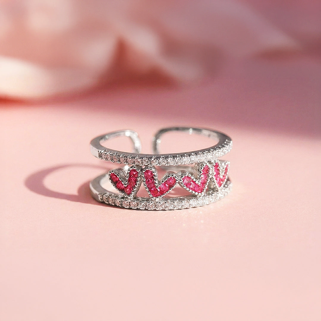 Double Band Statement Ring | Ruby Red Accents | Diamond Simulant | Rose Gold & White Gold Plated | Luxe5165