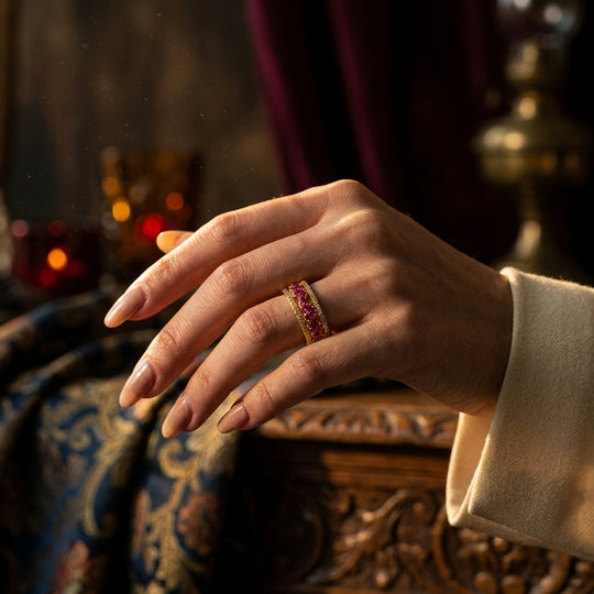 Double Band Statement Ring | Ruby Red Accents | Diamond Simulant | Pink Hearts &amp; White Hearts Gold Plated | Luxe5165