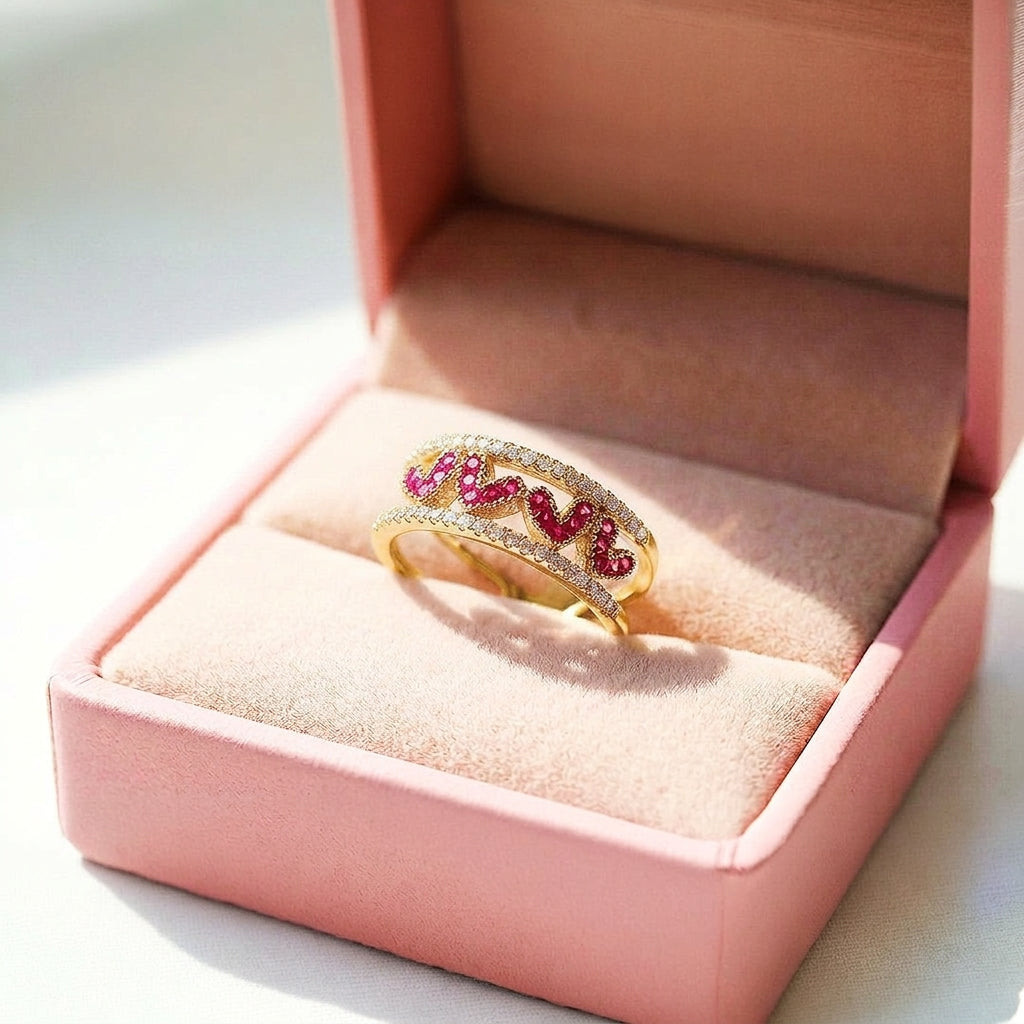 Double Band Statement Ring | Ruby Red Accents | Diamond Simulant | Pink Hearts &amp; White Hearts Gold Plated | Luxe5165